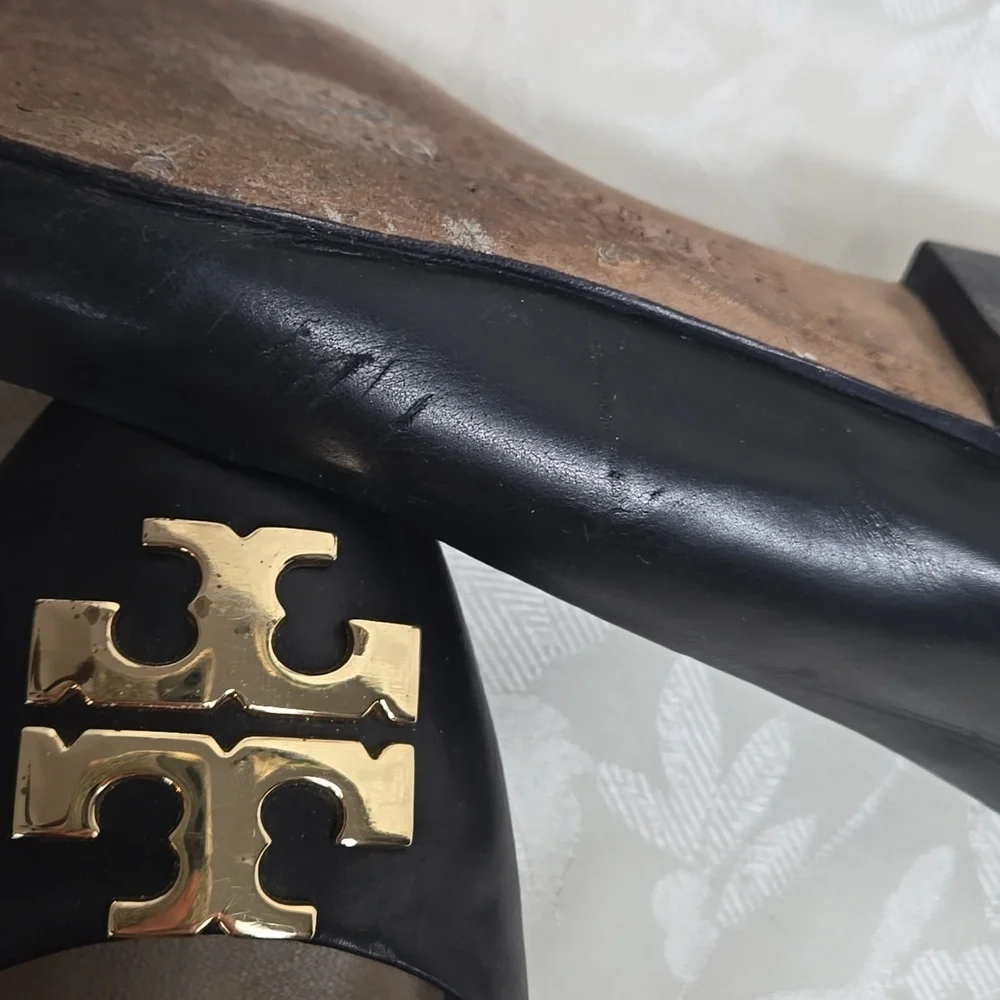 Tory Burch Black Leather Lowell Ballet Flats with Gold Emblem